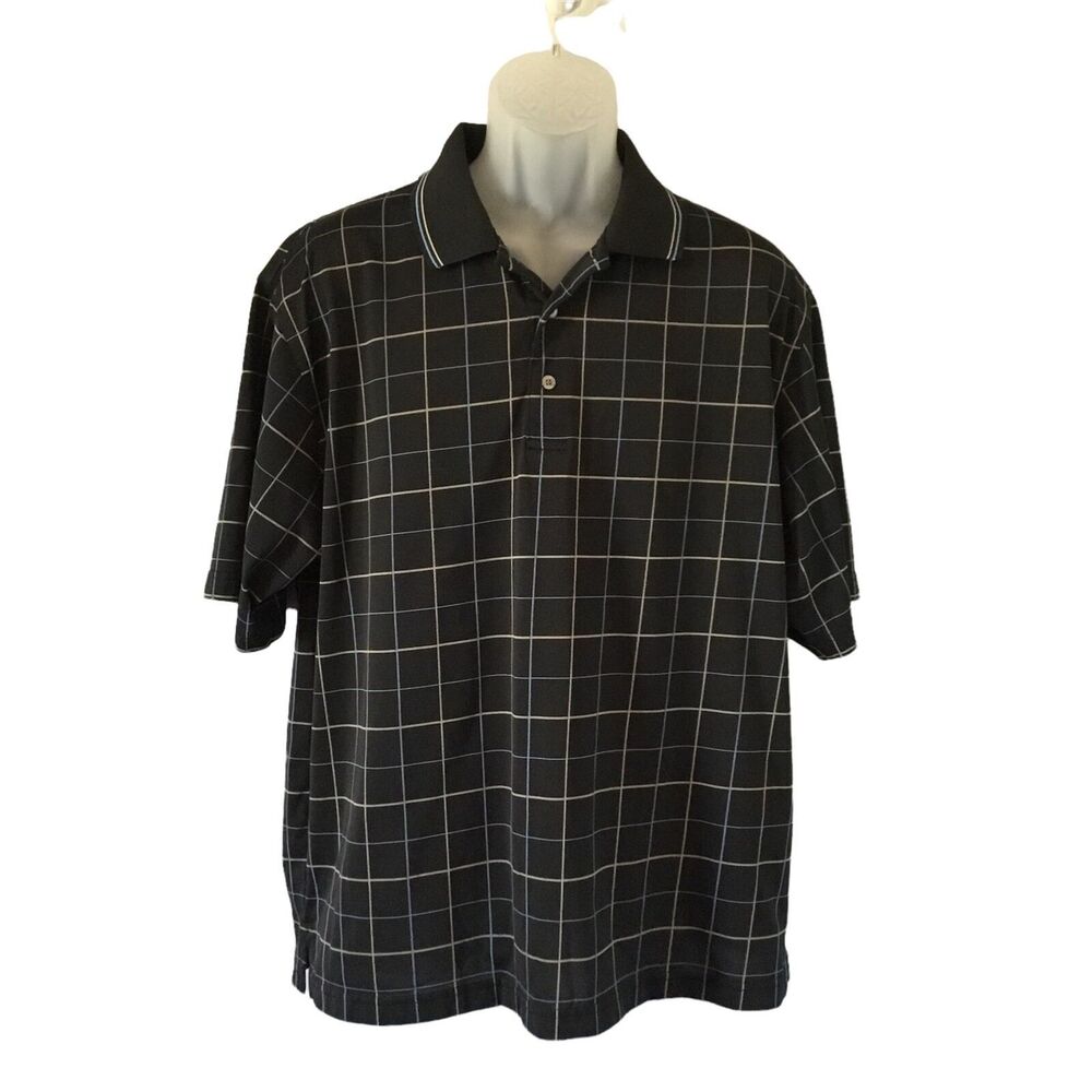 Grand Slam Golf Men’s Short Sleeve Polo Black With Gray & Blue Windowpane XL